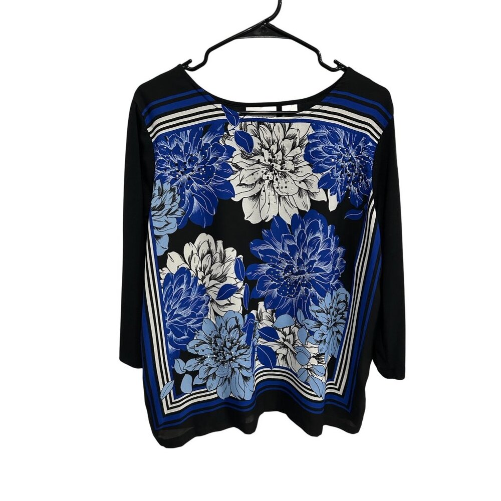 Alfred Dunner Black Blue Floral Knit 3/4 Sleeve Top Size L Rhinestone  Classic